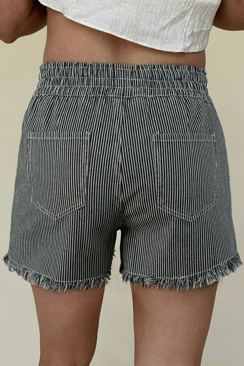 Striped Raw Hem Elastic Waist Drawstring Denim Shorts