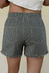 Striped Raw Hem Elastic Waist Drawstring Denim Shorts