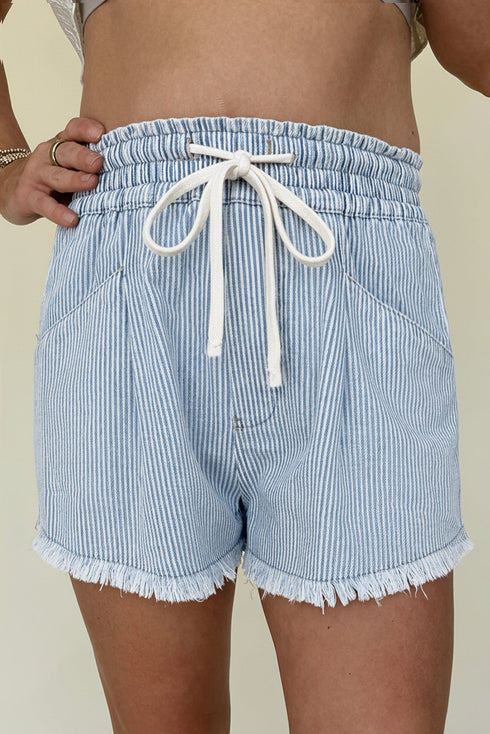 Striped Raw Hem Elastic Waist Drawstring Denim Shorts