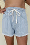 Striped Raw Hem Elastic Waist Drawstring Denim Shorts
