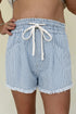 Striped Raw Hem Elastic Waist Drawstring Denim Shorts