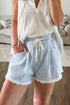 Striped Raw Hem Elastic Waist Drawstring Denim Shorts