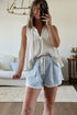 Striped Raw Hem Elastic Waist Drawstring Denim Shorts