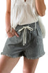 Striped Raw Hem Elastic Waist Drawstring Denim Shorts