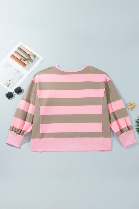 Striped Raw Seam Patchwork Drop Shoulder Sweatshirt