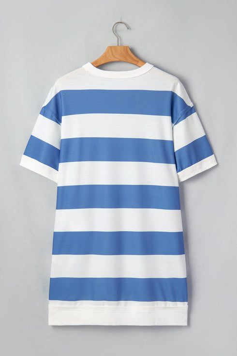 Striped Raw Seam Shoulder Detail Casual T Shirt Dress