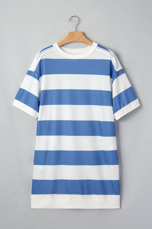 Striped Raw Seam Shoulder Detail Casual T Shirt Dress