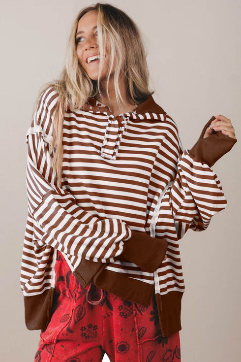Striped Raw Seam Split Hem Loose Pullover Sweatshirt