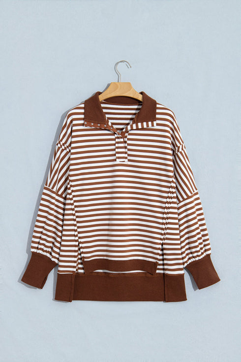 Striped Raw Seam Split Hem Loose Pullover Sweatshirt