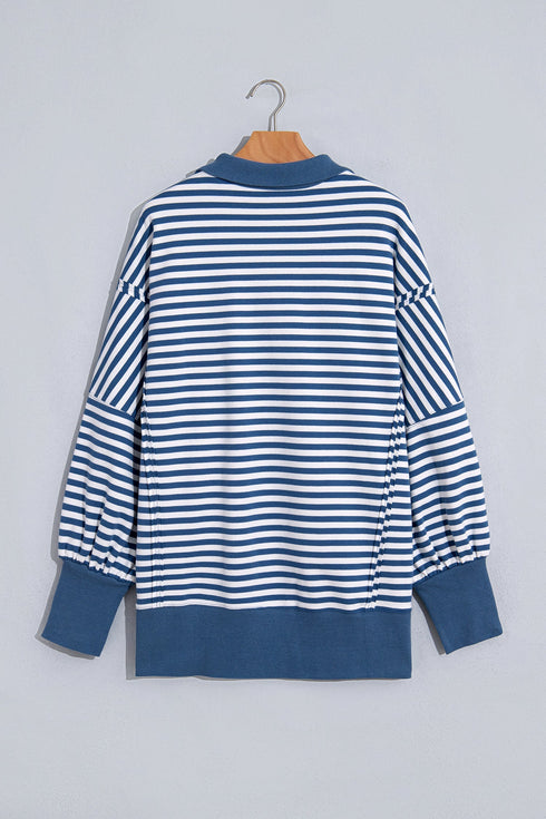 Striped Raw Seam Split Hem Loose Pullover Sweatshirt
