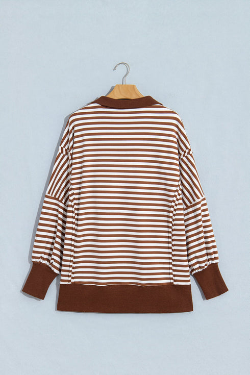 Striped Raw Seam Split Hem Loose Pullover Sweatshirt