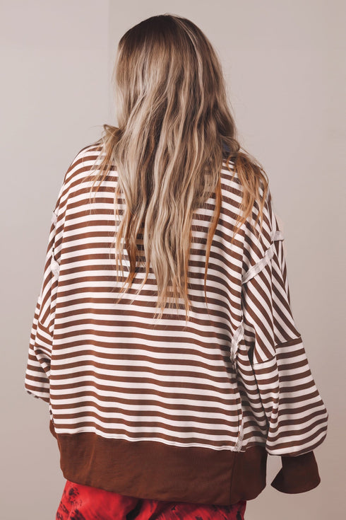 Striped Raw Seam Split Hem Loose Pullover Sweatshirt