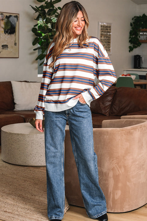 Striped Relaxed Fit Crew Neck Pullover Sweatshirt