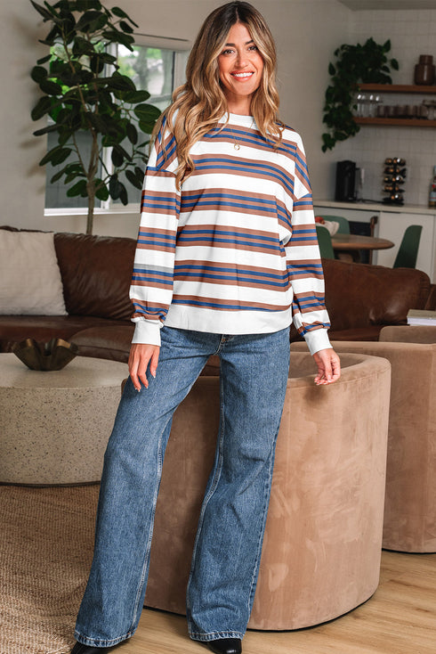 Striped Relaxed Fit Crew Neck Pullover Sweatshirt