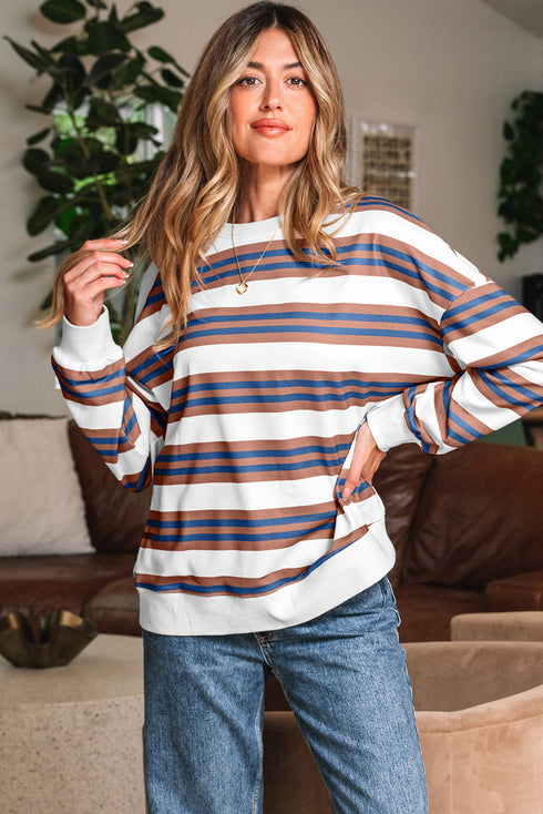 Striped Relaxed Fit Crew Neck Pullover Sweatshirt