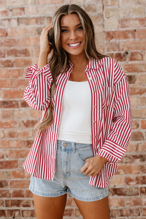 Striped Relaxed Fit Woven Long Sleeve Button Down Shirt