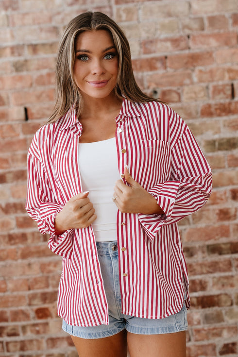 Striped Relaxed Fit Woven Long Sleeve Button Down Shirt