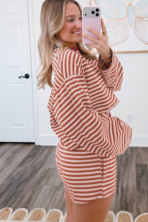 Striped Relaxed Long Sleeve Elastic Waistband Short Set