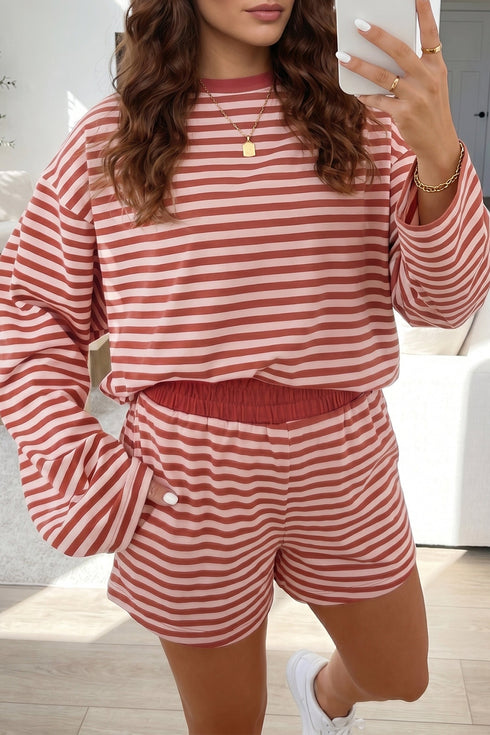 Striped Relaxed Long Sleeve Elastic Waistband Short Set