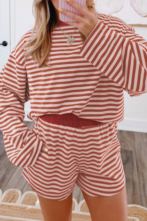 Striped Relaxed Long Sleeve Elastic Waistband Short Set