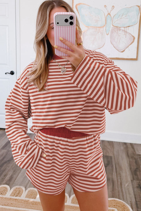 Striped Relaxed Long Sleeve Elastic Waistband Short Set