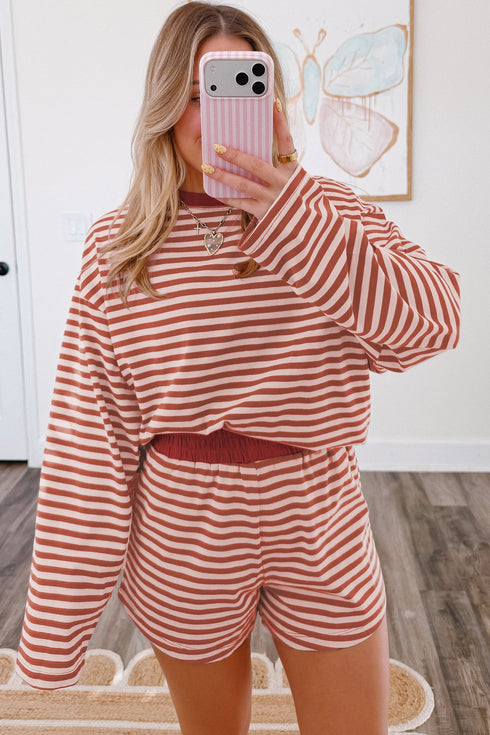 Striped Relaxed Long Sleeve Elastic Waistband Short Set