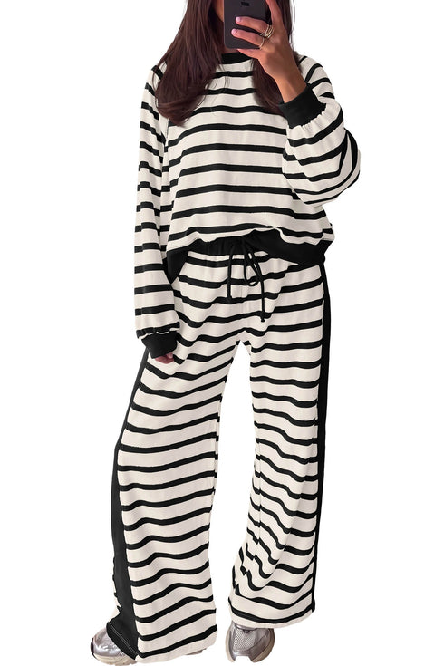 Striped Relaxed Long Sleeve Top Drawstring Pant Set