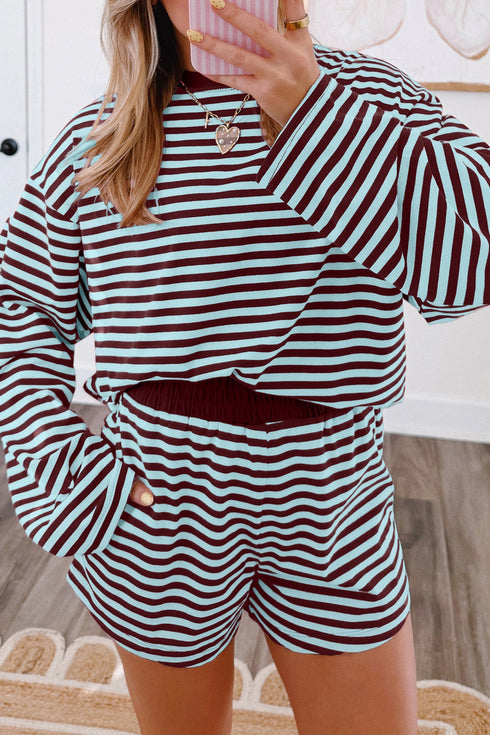 Striped Relaxed Long Sleeve Top Elastic Waist Short Set