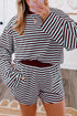 Striped Relaxed Long Sleeve Top Elastic Waist Short Set