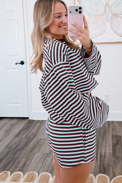 Striped Relaxed Long Sleeve Top Elastic Waist Short Set