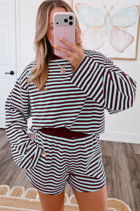 Striped Relaxed Long Sleeve Top Elastic Waist Short Set
