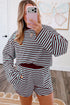 Striped Relaxed Long Sleeve Top Elastic Waist Short Set