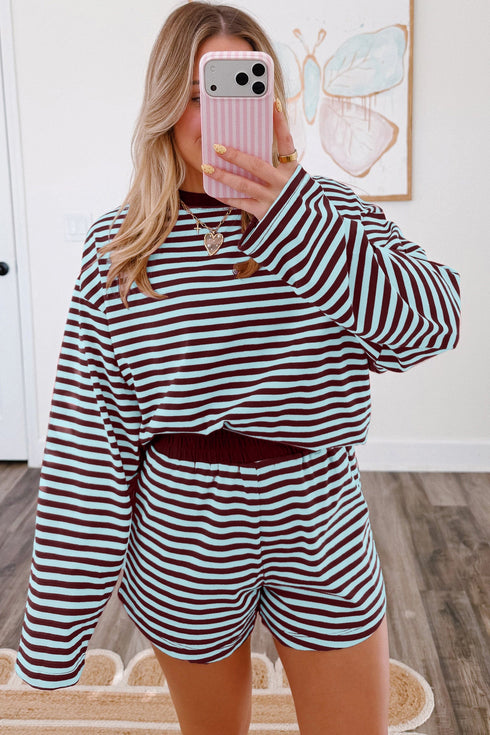 Striped Relaxed Long Sleeve Top Elastic Waist Short Set