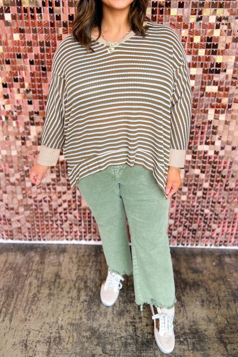 Striped Rib Textured Dolman Sleeve High Low Hem Crewneck Top