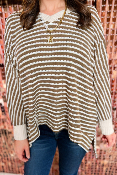 Striped Rib Textured Dolman Sleeve High Low Hem Crewneck Top