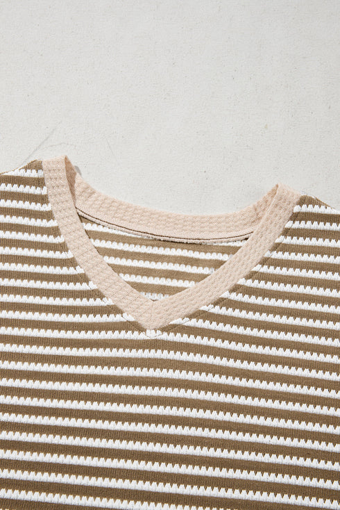 Striped Rib Textured Dolman Sleeve High Low Hem Crewneck Top