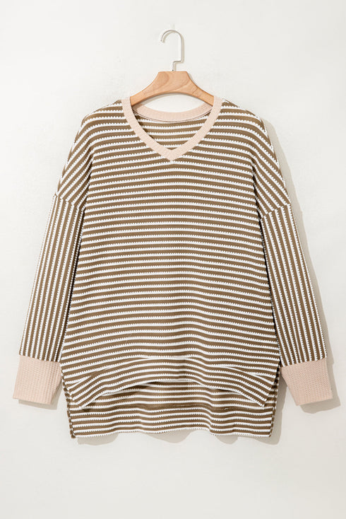 Striped Rib Textured Dolman Sleeve High Low Hem Crewneck Top
