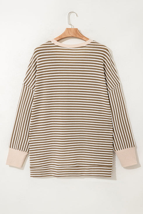 Striped Rib Textured Dolman Sleeve High Low Hem Crewneck Top