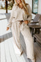 Striped Ribbed Collared V Neck Wide Leg Loungewear Set