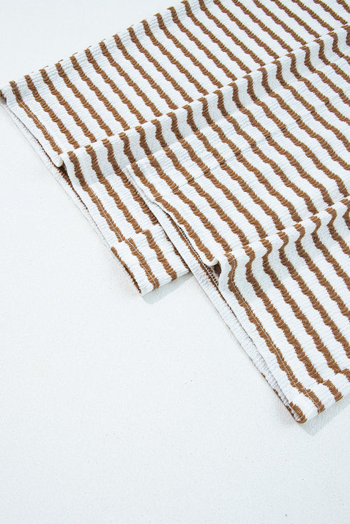 Striped Ribbed Collared V Neck Wide Leg Loungewear Set