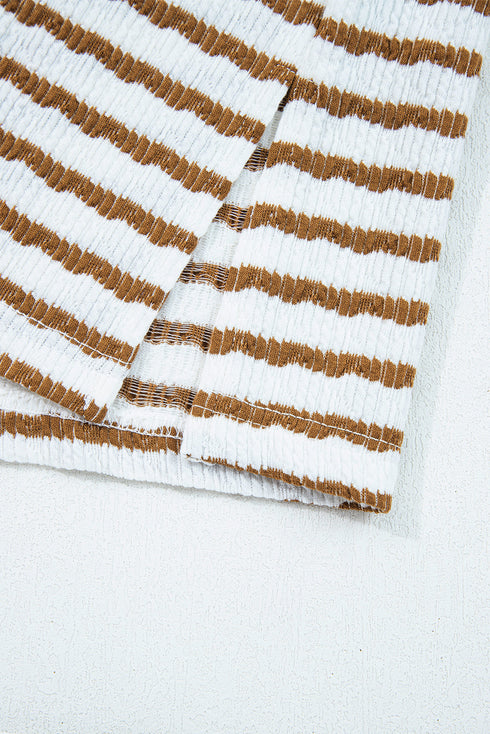 Striped Ribbed Collared V Neck Wide Leg Loungewear Set