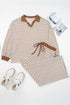 Striped Ribbed Collared V Neck Wide Leg Loungewear Set