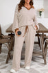 Striped Ribbed Collared V Neck Wide Leg Loungewear Set