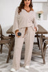 Striped Ribbed Collared V Neck Wide Leg Loungewear Set