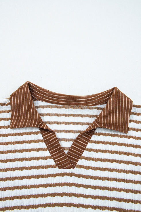 Striped Ribbed Collared V Neck Wide Leg Loungewear Set