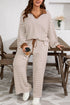 Striped Ribbed Collared V Neck Wide Leg Loungewear Set