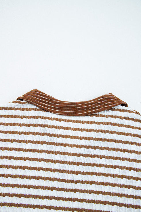 Striped Ribbed Collared V Neck Wide Leg Loungewear Set