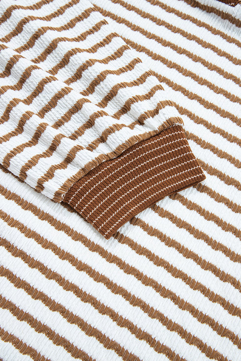 Striped Ribbed Collared V Neck Wide Leg Loungewear Set