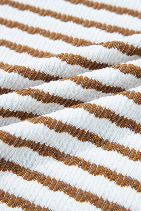 Striped Ribbed Collared V Neck Wide Leg Loungewear Set