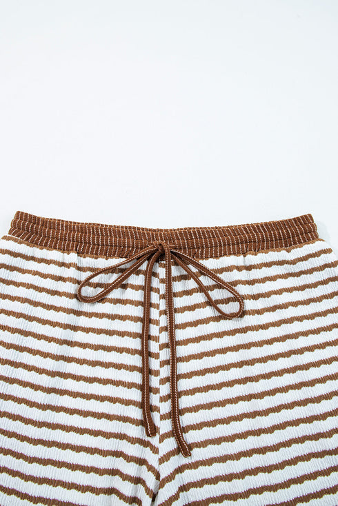 Striped Ribbed Collared V Neck Wide Leg Loungewear Set